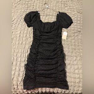 NWT Womens Black Mini Dress with Ruching and Polka Dots Size Large